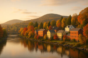 Overcast sky and riverfront view showing current bellows falls weather in a small Vermont town