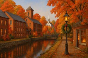 Overcast sky and riverfront view showing current bellows falls weather in a small Vermont town