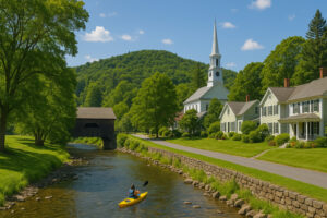 Sunny village streets and clear sky showing current woodstock vermont weather in the heart of town