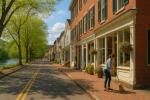 Sunny village streets and clear sky showing current woodstock vermont weather in the heart of town