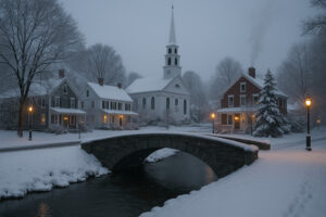 Sunny village streets and clear sky showing current woodstock vermont weather in the heart of town