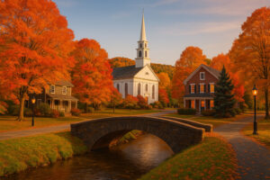Sunny village streets and clear sky showing current woodstock vermont weather in the heart of town
