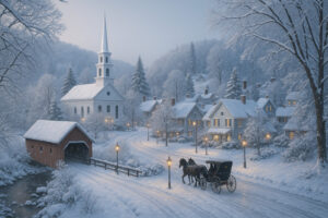 Sunny village streets and clear sky showing current woodstock vermont weather in the heart of town