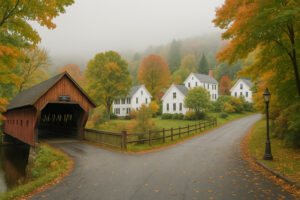 Sunny village streets and clear sky showing current woodstock vermont weather in the heart of town