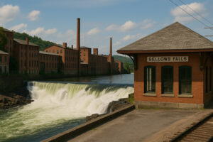 Scenic riverfront and historic downtown view of bellows falls vermont on a bright clear day
