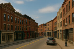 Scenic riverfront and historic downtown view of bellows falls vermont on a bright clear day