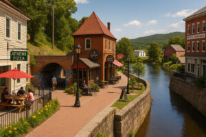 Scenic riverfront and historic downtown view of bellows falls vermont on a bright clear day