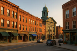 Scenic riverfront and historic downtown view of bellows falls vermont on a bright clear day