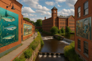 Scenic riverfront and historic downtown view of bellows falls vermont on a bright clear day