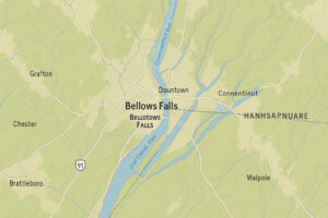 Scenic riverfront and historic downtown view of bellows falls vermont on a bright clear day