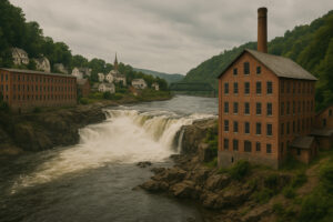 Scenic riverfront and historic downtown view of bellows falls vermont on a bright clear day