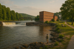 Scenic riverfront and historic downtown view of bellows falls vermont on a bright clear day