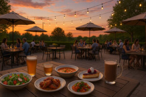 Clear summer sky over village streets showing north bennington vt weather on a bright afternoon