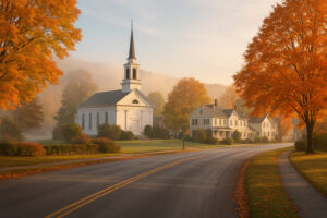 Clear summer sky over village streets showing north bennington vt weather on a bright afternoon