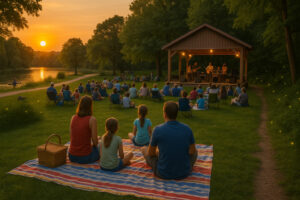 Clear summer sky over village streets showing north bennington vt weather on a bright afternoon