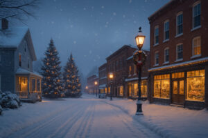 Clear summer sky over village streets showing north bennington vt weather on a bright afternoon