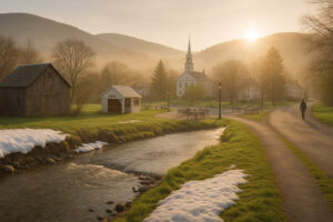 Clear summer sky over village streets showing north bennington vt weather on a bright afternoon