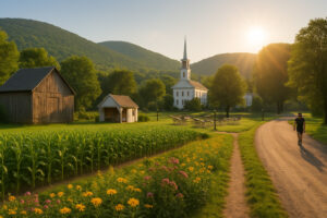 Clear summer sky over village streets showing north bennington vt weather on a bright afternoon