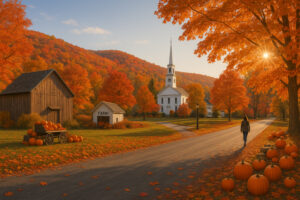 Clear summer sky over village streets showing north bennington vt weather on a bright afternoon