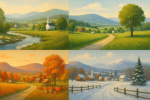 Clear summer sky over village streets showing north bennington vt weather on a bright afternoon