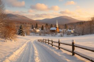 Clear summer sky over village streets showing north bennington vt weather on a bright afternoon