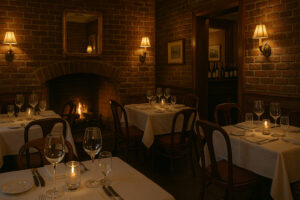 Exterior view of Worthy Kitchen Woodstock Vermont with outdoor seating and rustic village atmosphere