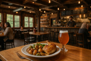 Exterior view of Worthy Kitchen Woodstock Vermont with outdoor seating and rustic village atmosphere