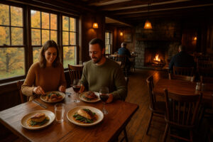 Exterior view of Worthy Kitchen Woodstock Vermont with outdoor seating and rustic village atmosphere