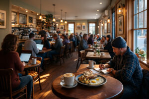 Exterior view of Worthy Kitchen Woodstock Vermont with outdoor seating and rustic village atmosphere