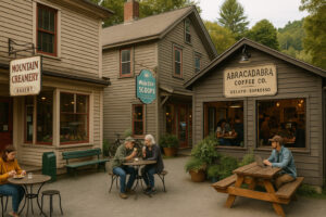 Exterior view of Worthy Kitchen Woodstock Vermont with outdoor seating and rustic village atmosphere