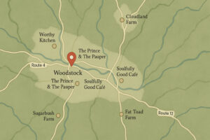 Exterior view of Worthy Kitchen Woodstock Vermont with outdoor seating and rustic village atmosphere