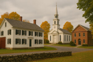 Scenic hillside and historic buildings overlooking the river in Rockingham VT on a clear day