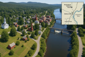 Scenic hillside and historic buildings overlooking the river in Rockingham VT on a clear day