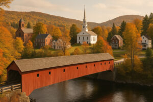 Scenic hillside and historic buildings overlooking the river in Rockingham VT on a clear day