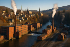 Scenic hillside and historic buildings overlooking the river in Rockingham VT on a clear day
