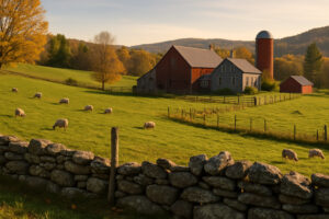 Scenic hillside and historic buildings overlooking the river in Rockingham VT on a clear day