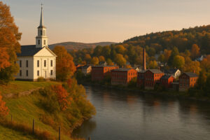 Scenic hillside and historic buildings overlooking the river in Rockingham VT on a clear day