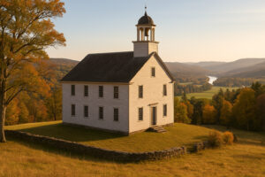 Scenic hillside and historic buildings overlooking the river in Rockingham VT on a clear day