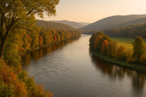 Scenic hillside and historic buildings overlooking the river in Rockingham VT on a clear day