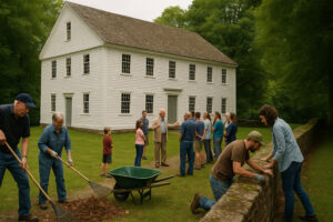 Scenic hillside and historic buildings overlooking the river in Rockingham VT on a clear day