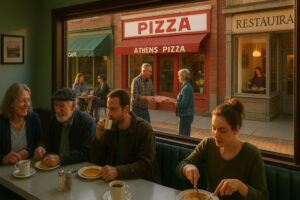 Outdoor dining scene along the river showing best places to eat in Bellows Falls with cozy cafés and local restaurants