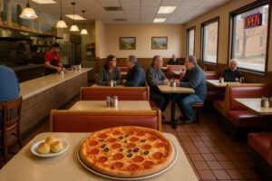 Outdoor dining scene along the river showing best places to eat in Bellows Falls with cozy cafés and local restaurants