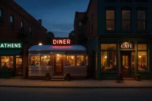 Outdoor dining scene along the river showing best places to eat in Bellows Falls with cozy cafés and local restaurants