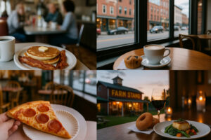 Outdoor dining scene along the river showing best places to eat in Bellows Falls with cozy cafés and local restaurants