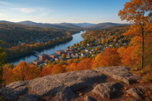 Forest trail along the river showing bellows falls hiking with scenic cliffs and peaceful nature views