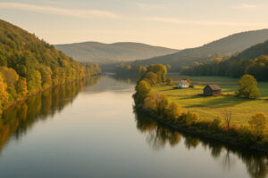 Forest trail along the river showing bellows falls hiking with scenic cliffs and peaceful nature views