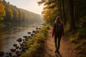 Forest trail along the river showing bellows falls hiking with scenic cliffs and peaceful nature views