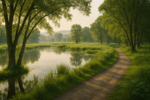 Forest trail along the river showing bellows falls hiking with scenic cliffs and peaceful nature views