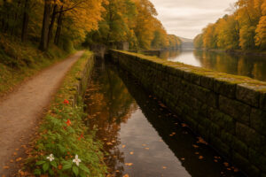 Forest trail along the river showing bellows falls hiking with scenic cliffs and peaceful nature views