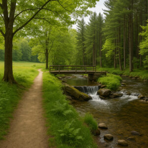 Forest trail along the river showing bellows falls hiking with scenic cliffs and peaceful nature views